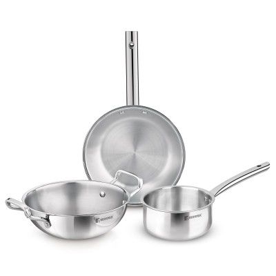 Bergner TriPro 3 Pcs Tri-Ply Stainless Steel Induction Bottom Cookware Set - 22cm (2L) Kadai and 22cm (1L) Frypan, 14cm (1.1L) Teapan, Less Oil Use, Easy to Clean - Induction and Gas Stove Ready