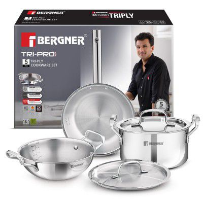 Bergner TriPro 5 Pcs Triply Stainless Steel Cookware Set - 24cm (3L) Kadai with Lid, 20cm (3.4L) Casserole/Biryani Pot 
