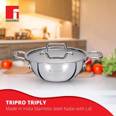 Bergner TriPro Tri-Ply Stainless Steel 24cm (3.1 L) Kadai with Stainless Steel Lid