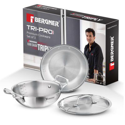 Bergner Tripro Triply Stainless Steel 3 Pcs Cookware Set - 24cm (3L) Kadai with Lid, 22 cm (1.5 L)