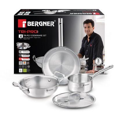 Bergner Tripro Triply Stainless Steel 4 Pc Cookware Set, 24 cm Indian Wok/Kadai with Lid, 22 cm Frypan, 16 cm Tea Pan, Even and Fast Heating, Induction Bottom, Gas Ready, Silver
