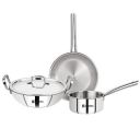 Bergner Tripro Triply Stainless Steel 4 Pc Cookware Set, 24 cm Indian Wok/Kadai with Lid, 22 cm Frypan, 16 cm Tea Pan, Even and Fast Heating, Induction Bottom, Gas Ready, Silver...