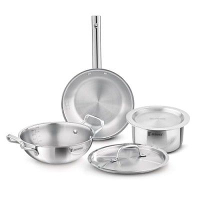 Bergner Tripro Triply Stainless Steel Cook Serve N Keep 5 Pcs Cookware Set - 24cm/3L Kadai with Lid, 22cm/1.5 L Frypan, 16cm/2 L Tope with Lid, Event Heating, Less Oil Use