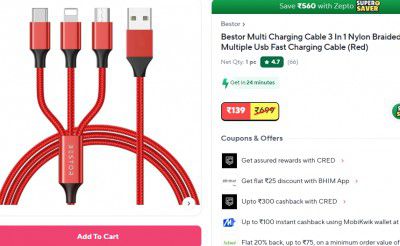 Bestor Multi Charging Cable 3 In 1 Nylon Braided Multiple Usb Fast Charging Cable (Red)