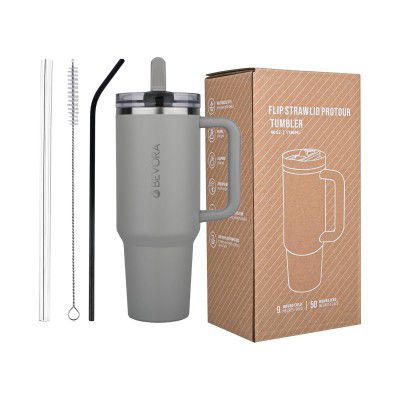 Bevora 1180ml Stainless Steel Tumbler with 2 Lids & 2 Straws | Double Wall Vacuum Insulated (Ash Grey)