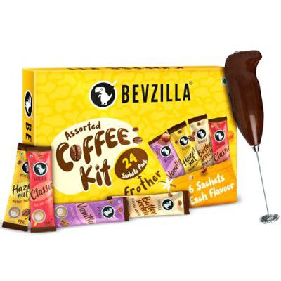 Bevzilla 24 Coffee Sachets & Frother (24 X 2 Gram Sachets) | 6 Pouches Each Flavour