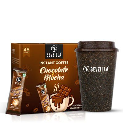 Bevzilla 48 Chocolate & Mocha Instant Coffee Sachets with Eco-Friendly Bio-Composite Tumbler | Bamboo Fiber, Coffee Husk & Rice Husk | Plastic-Free Café-Style Coffee Kit | Enjoy Hot & Cold