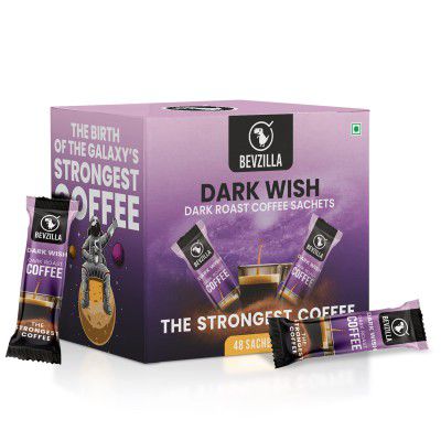 Bevzilla Dark Wish Dark Roast Strong Coffee Powder - 48 Sachets Box | Makes 48 Cups