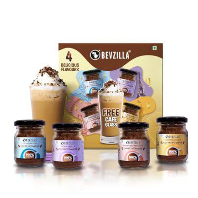 Bevzilla Festive Gift Box Of 50 Grams X 4 Flavoured Instant Coffee Powder + Free Café Glass