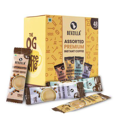 Bevzilla Instant Coffee Powder - 48 Sachets | Turkish Hazelnut, Colombian Gold, French Vanilla & English Butterscotch | 12 Sachets Each Flavour| Hot & Cold Coffee| Makes 48 Cups| 100 % Arabica Coffee|