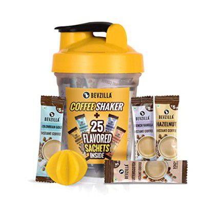 Bevzilla Instant Coffee Sachets & Bottle Pack With 25 Flavoured Coffee Sachets (2 Grams Each) And BPA Free Shaker 500 Ml