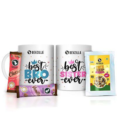 Bevzilla Rakhi Gift Pack of 2 Bro & Sis Coffee Mugs, 24 Assorted Coffee Sachets (2 gram each sachet) & 2 Sachet of 9 in 1 Nuts, Berries & Seeds Mix (20 gram Each Sachet) | Gift For Rakhi | Coffee Gift