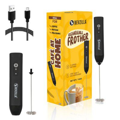 Bevzilla Rechargeable Electric Frother | 3-Speed Handheld Coffee Frother with Type-C Fast Charging