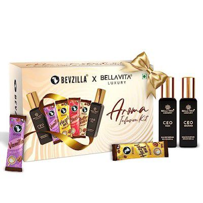 Bevzilla X Bella Vita Luxury Coffee & Fragrance Box | 24 Coffee Sachets (6 Sachets Each Flavour) | CEO Man & CEO Woman EDP Fragrance (20 ML Each)| Hazelnut, Colombian Gold, Vanilla & Butterscotch Flav
