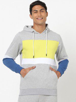 Bewakoof Men Grey & Yellow Colourblocked Hooded Sweatshirt