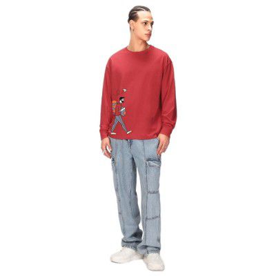 Bewakoof Men's Graphic Printed Oversized Fit Full Sleeve Round Neck Cotton T-Shirt