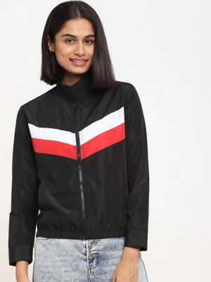 Bewakoof Women Black Striped Patchwork Tailored Jacket