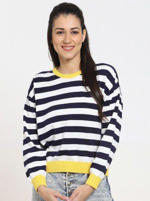 Bewakoof Women Blue & White Striped Pullover