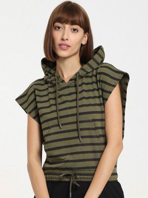 Bewakoof Women Olive Green & Black Striped Cotton Hooded Sweatshirt