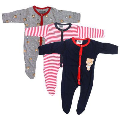 Bey Bee Front Open Full Sleeves Sleepsuit with Foot Easy Dressing Romper Set of 3 for Jumpsuit, Nightsuit