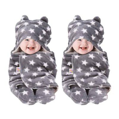 BeyBee 3 in 1 Baby Star Blanket Wrapper-Sleeping Bag for New Born Babies (Grey, 27 Inches, Pack 2)