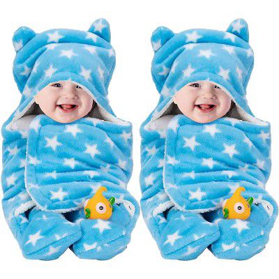 BeyBee 3 in 1 New Born Babies Blanket Wrapper-Sleeping Bag (Blue Star Pack 2)