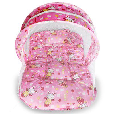 BeyBee Baby Multicolor Cartoon Prints Pink Base Design Bedding Set Thick Base | Mosquito Net (Pink)