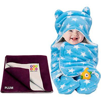 BeyBee New Born Babies Combo Blanket & Dry Sheet (Blue, Plum)