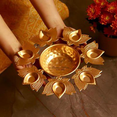 Beyond Gifting Lotus Shape Diya Flower Urli Handcrafted Bowl for Floating Flowers & Tea Light Candles Home Living Room Office & Table Decor Diwali Decoration Items Premium Metal Color Gold (10inch)