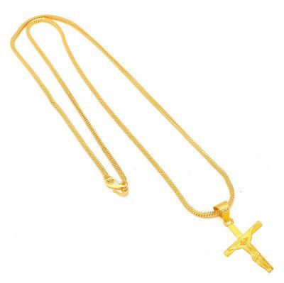 BFC Mens/Womens Cross and Jesus Copper Gold Plated and American Diamond Locket with 24 Inches Long Chain (Golden Yellow)