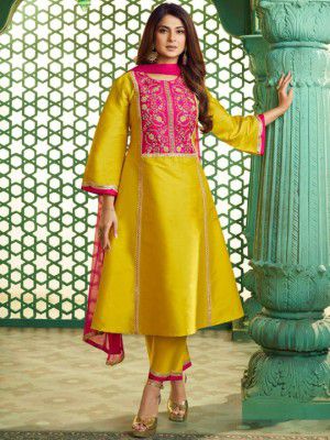 Bhama Couture Jennifer Winget Floral Cotton Silk A-Line Kurta With Trousers & Dupatta