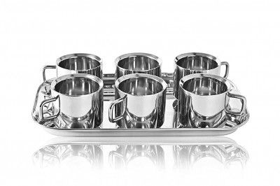 BHATI Double Wall Stainless Steel Tea and Coffee Cups, 6 with Tray (Sliver)