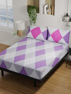 BIANCA Platinum Purple & White Geometric Cotton 144 TC Queen Bedsheet With 2 Pillow Covers
