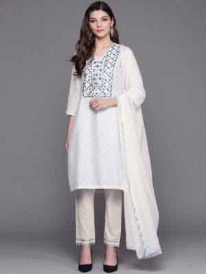 Biba Women Off-White & Blue Yoke Design Kurta with Trousers & Dupatta