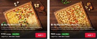 Big Big 6in 1 Pizza Veg 799 & Non Veg 899