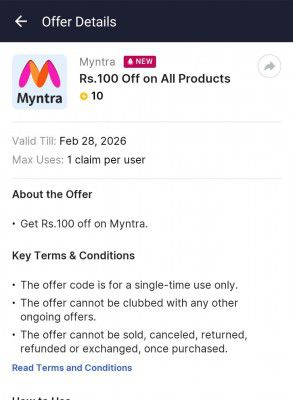 Biggest Loots claim Myntra flat 100₹ off code using 10 supercoin