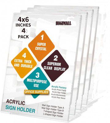 BIGMALL Acrylic Sign Display Portrait 4 pieces (A6/102x148 mm, Clear 4X6 -inch, Pack of 4, 3MM Acrylic Material)