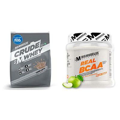 Bigmuscles Nutrition Combo: Crude Whey - 1 kg (Cafe Latte), 24g Protein and Real BCAA - 50 Servings (Green Apple)