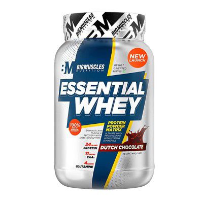 Bigmuscles Nutrition Essential Whey Protein 1Kg [Dutch Chocolate] | 24g Protein per serving with Digestive Enzymes, Vitamin & Minerals, No Added Sugar | Improved Strength , Faster Recovery & Muscle Bu