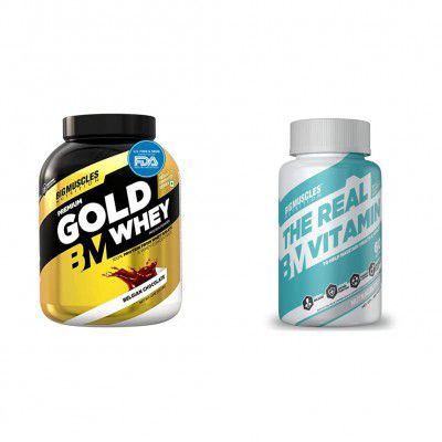 Bigmuscles Nutrition Premium Gold Whey 2kg [Belgian Chocolate] with Free T-Shirt and Bigmuscles Nutrition The Real Vitamin Advanced Multivitamin [60 Tablets]
