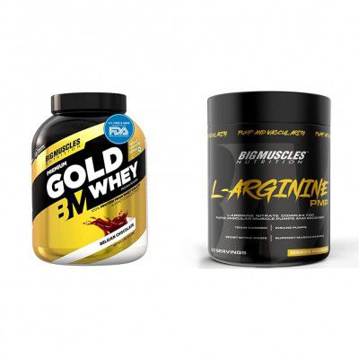 Bigmuscles Nutrition Premium Gold Whey 2Kg Whey Protein Isolate Blend | 25g Protein Per Serving [Belgian chocolate] & L-Arginine PMP Powder [30 Serving, Mango Madness]