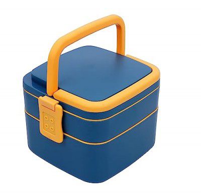 BigPlayer Double-Layer Bento Square Lunch Box - 2 Compartment Tiffin with Handle & Push Lock, Multicolor