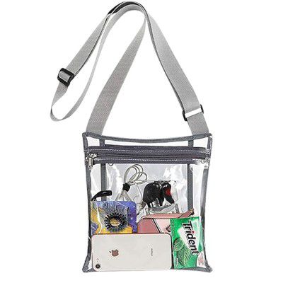 BigPlayer Women’s Clear Vinyl Cross-Body Purse; Stadium Approved with Adjustable Strap and Extra Inside Pocket; Grey