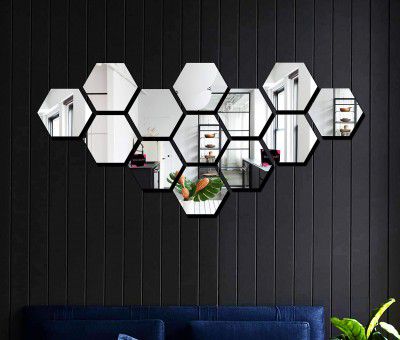 Bikri Kendra - Hexagon 13 Silver mirror stickers for wall, hexagon mirror wall stickers, acrylic mirror wall decor sticker, hexagonal mirror wall sticker, wall mirror stickers, wall stickers for hall 