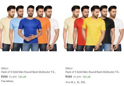 Billion Men's T Shirts Pack of 5 at ₹359