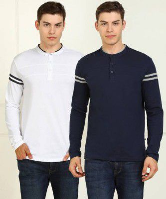 Billion  Solid Men Henley Neck Dark Blue, White T-Shirt  (Pack of 2)