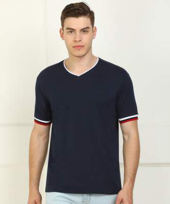Billion Solid Men V Neck Dark Blue T-Shirt