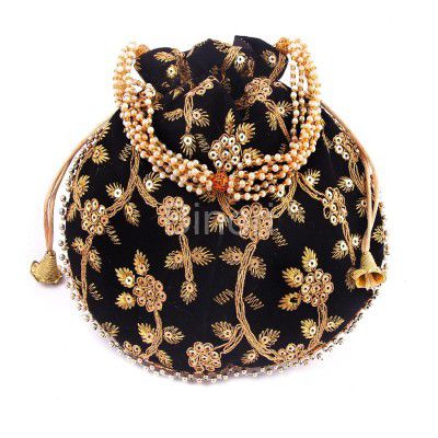BINORI FASHIONS Rajasthani Style Royal Clutch Silk Batwa Bag Wristlets Sequence Ethnic Potli For Womens Sequence Zari Work Potli Bridal Potli