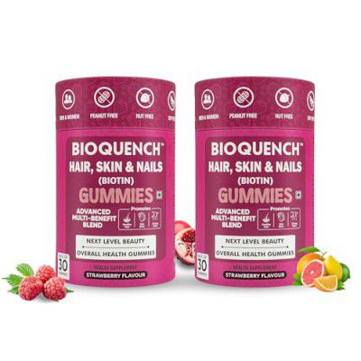 BIOQUENCH Biotin Gummies For Healthy Hair, Bright Skin & Nails Growth | Enriched with Vitamin A, C & E, B6, B12, Folic Acid, Zinc | For Men & Women | 60 Gummies Pack