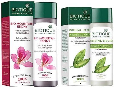 Biotique Bio Mountain Ebony Vitalizing Serum For Falling Hair Intensive Hair Growth Treatment, 120ML And Biotique Morning Nectar Flawless Skin Lotion for All Skin Types, 190ml